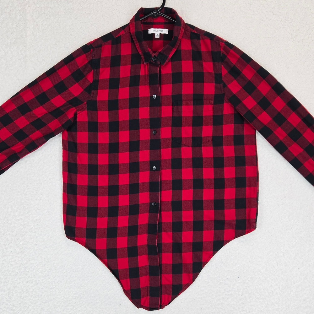 Madewell Buffalo Check Flannel Shirt Women M Red Black Plaid Tie Front Button Up - Picture 3 of 14